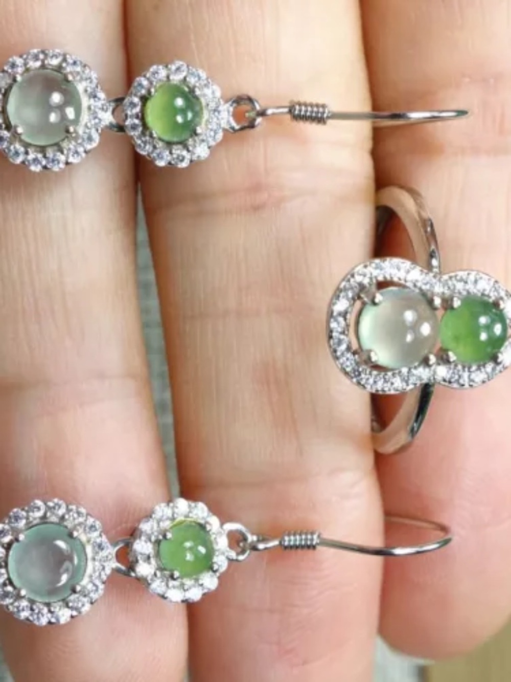 Certified Icy 冰种Burma 100% Natural A jadeite Jade Earring+Ring 925silver 耳坠+戒指